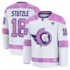 Tim Stutzle Ottawa Senators White Purple Hockey Fights Cancer Jersey - All Stitched