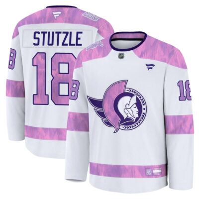 Tim Stutzle Ottawa Senators White Purple Hockey Fights Cancer Jersey - All Stitched