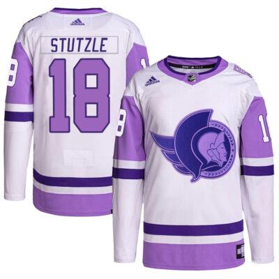 Tim Stutzle Ottawa Senators White Purple Hockey Fights Cancer Primegreen Jersey - All Stitched