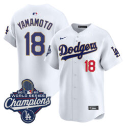 Yoshinobu Yamamoto Los Angeles Dodgers White 2025 World Series Champions Gold Collection Limited Jersey - All Stitched