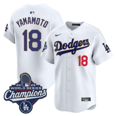 Yoshinobu Yamamoto Los Angeles Dodgers White 2025 World Series Champions Gold Collection Limited Jersey - All Stitched