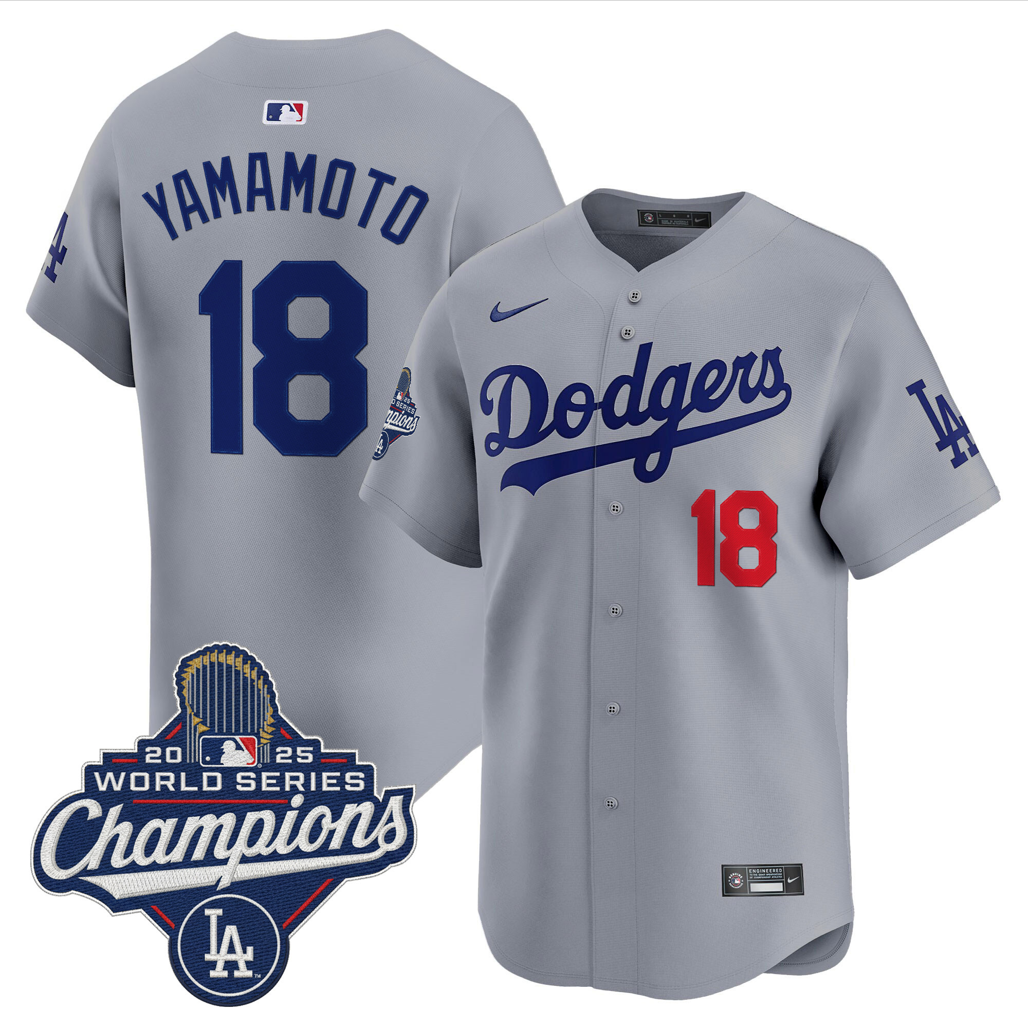 Yoshinobu Yamamoto Los Angeles Dodgers Grey Road 2025 World Series Champions Limited Jersey - All Stitched
