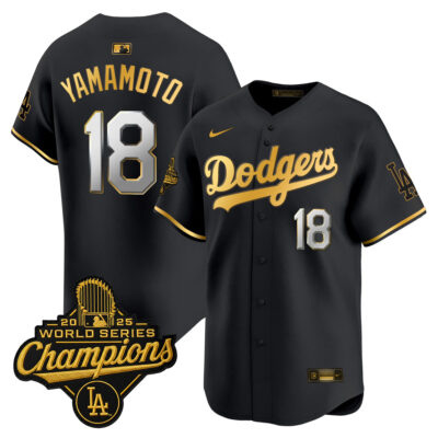Yoshinobu Yamamoto Los Angeles Dodgers Black Gold 2025 World Series Champions Limited Jersey - All Stitched
