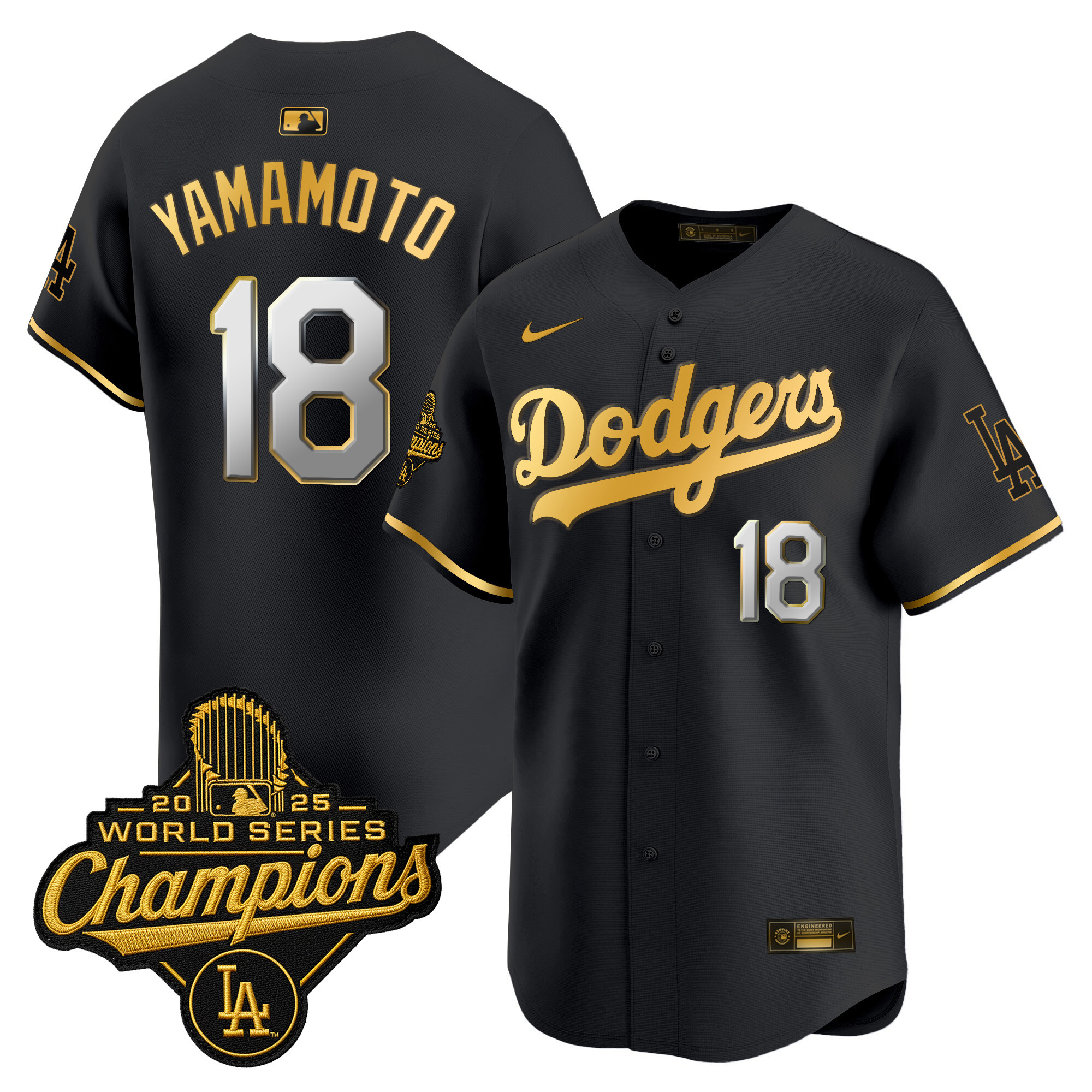 Yoshinobu Yamamoto Los Angeles Dodgers Black Gold 2025 World Series Champions Limited Jersey - All Stitched