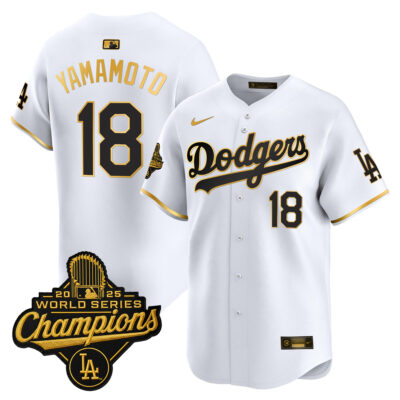 Yoshinobu Yamamoto Los Angeles Dodgers White Gold 2025 World Series Champions Limited Jersey - All Stitched