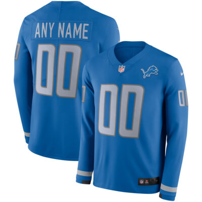 Custom Detroit Lions Blue Therma Long Sleeve Jersey - All Stitched
