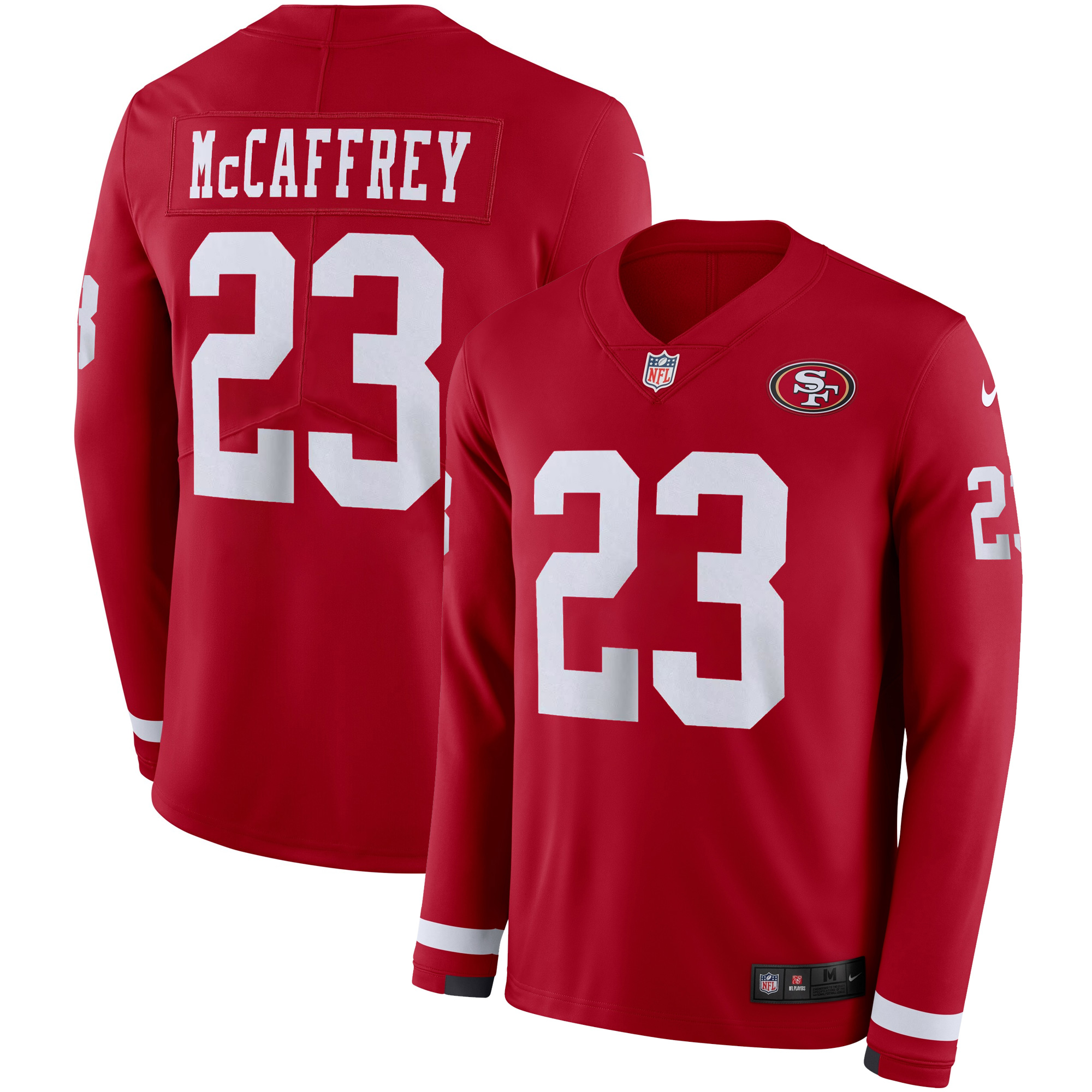 Christian McCaffrey San Francisco 49ers Scarlet Therma Long Sleeve Jersey - All Stitched