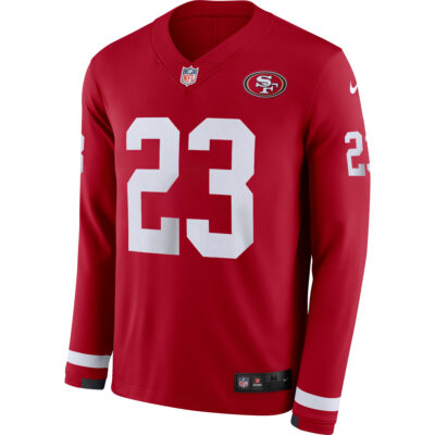 Alternative view of Christian McCaffrey San Francisco 49ers Scarlet Therma Long Sleeve Jersey - All Stitched
