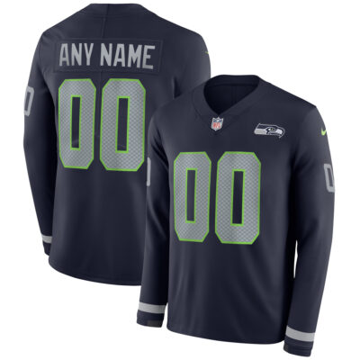 Custom Seattle Seahawks Navy Therma Long Sleeve Jersey - All Stitched