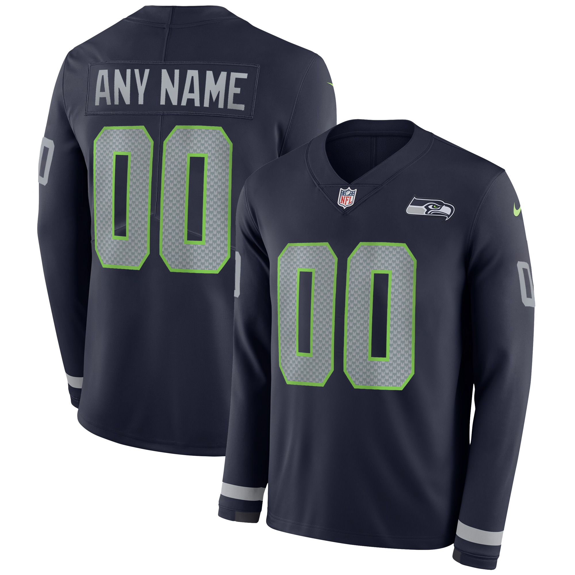 Custom Seattle Seahawks Navy Therma Long Sleeve Jersey - All Stitched
