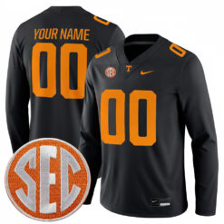 Custom Tennessee Volunteers Football Black Therma Long Sleeve Jersey w/ SEC Patch - All Stitched
