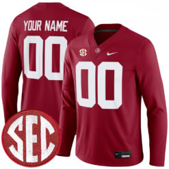 Custom Alabama Crimson Tide Football Crimson Therma Long Sleeve Jersey w/ SEC Patch - All Stitched