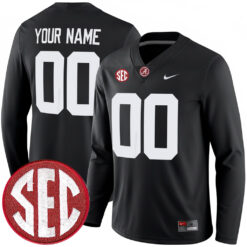 Custom Alabama Crimson Tide Football Black Therma Long Sleeve Jersey w/ SEC Patch - All Stitched