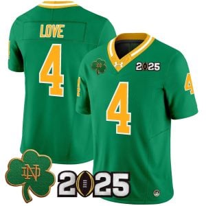 Jeremiyah Love Notre Dame Fighting Irish Football Green Throwback 2025 CFP Patch Jersey - All Stitched