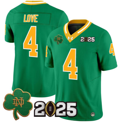 Jeremiyah Love Notre Dame Fighting Irish Football Green Throwback 2025 CFP Patch Jersey - All Stitched