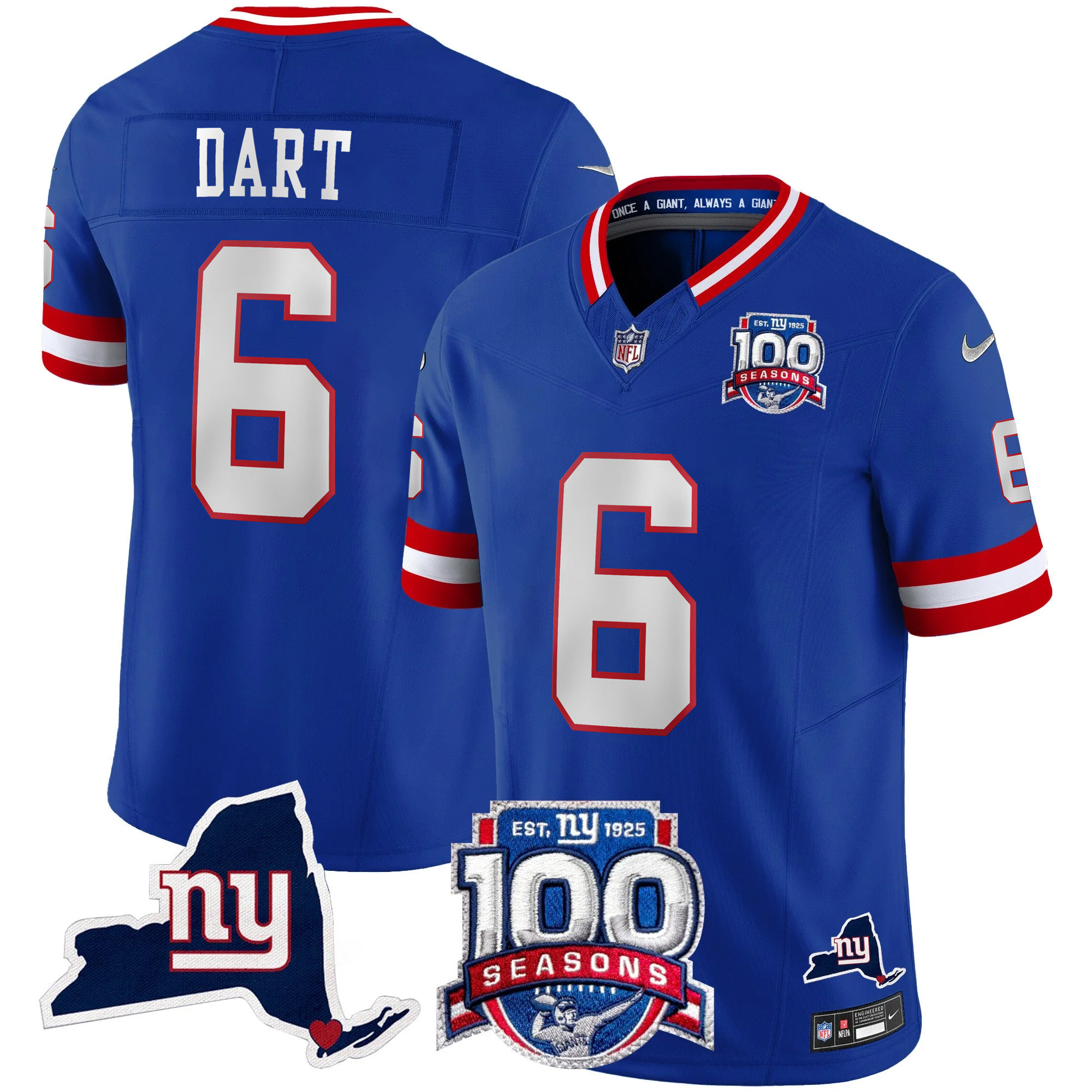 Jaxson Dart New York Giants Royal Blue 100th Season Anniversary Jersey - All Stitched