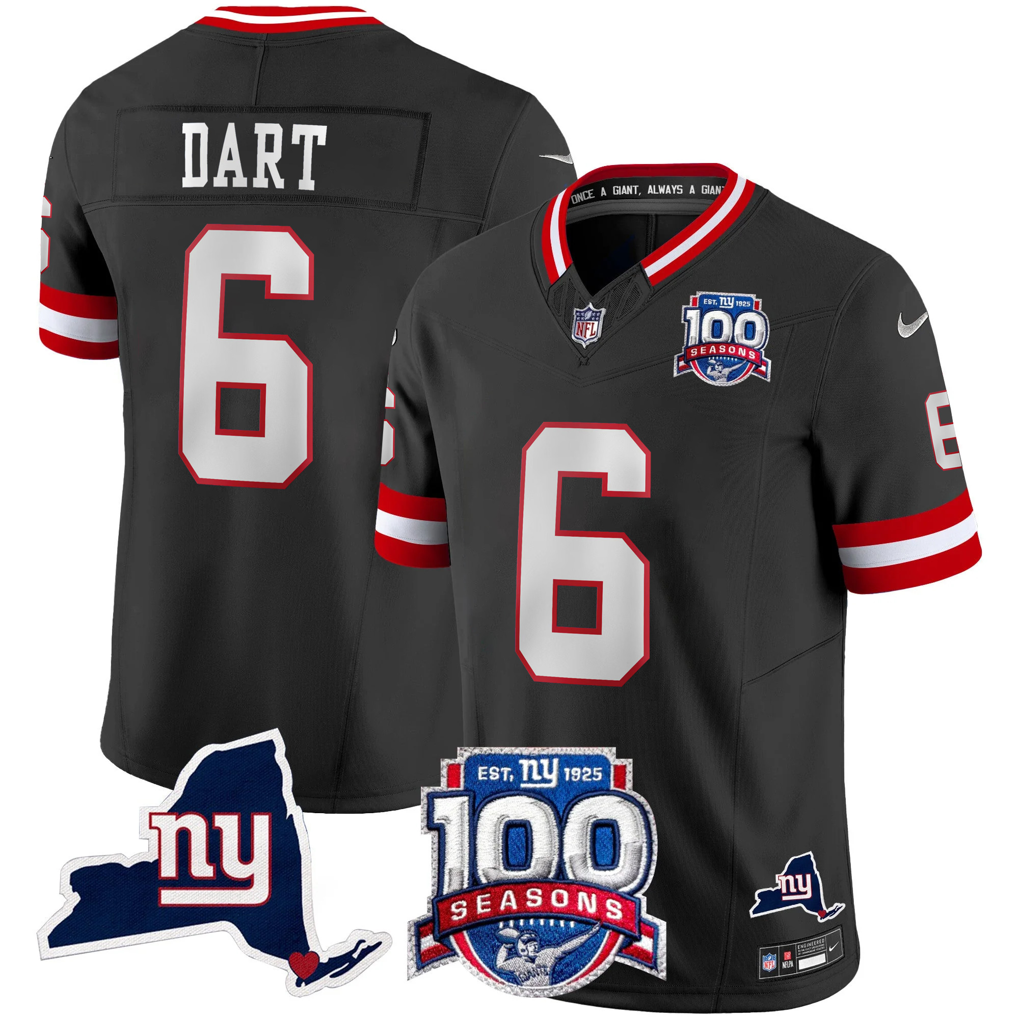 Jaxson Dart New York Giants Black 100th Season Anniversary Jersey - All Stitched