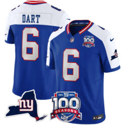 Jaxson Dart New York Giants Royal Blue Alternate 100th Season Anniversary Jersey - All Stitched