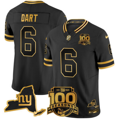 Jaxson Dart New York Giants Black Gold 100th Season Anniversary Jersey - All Stitched