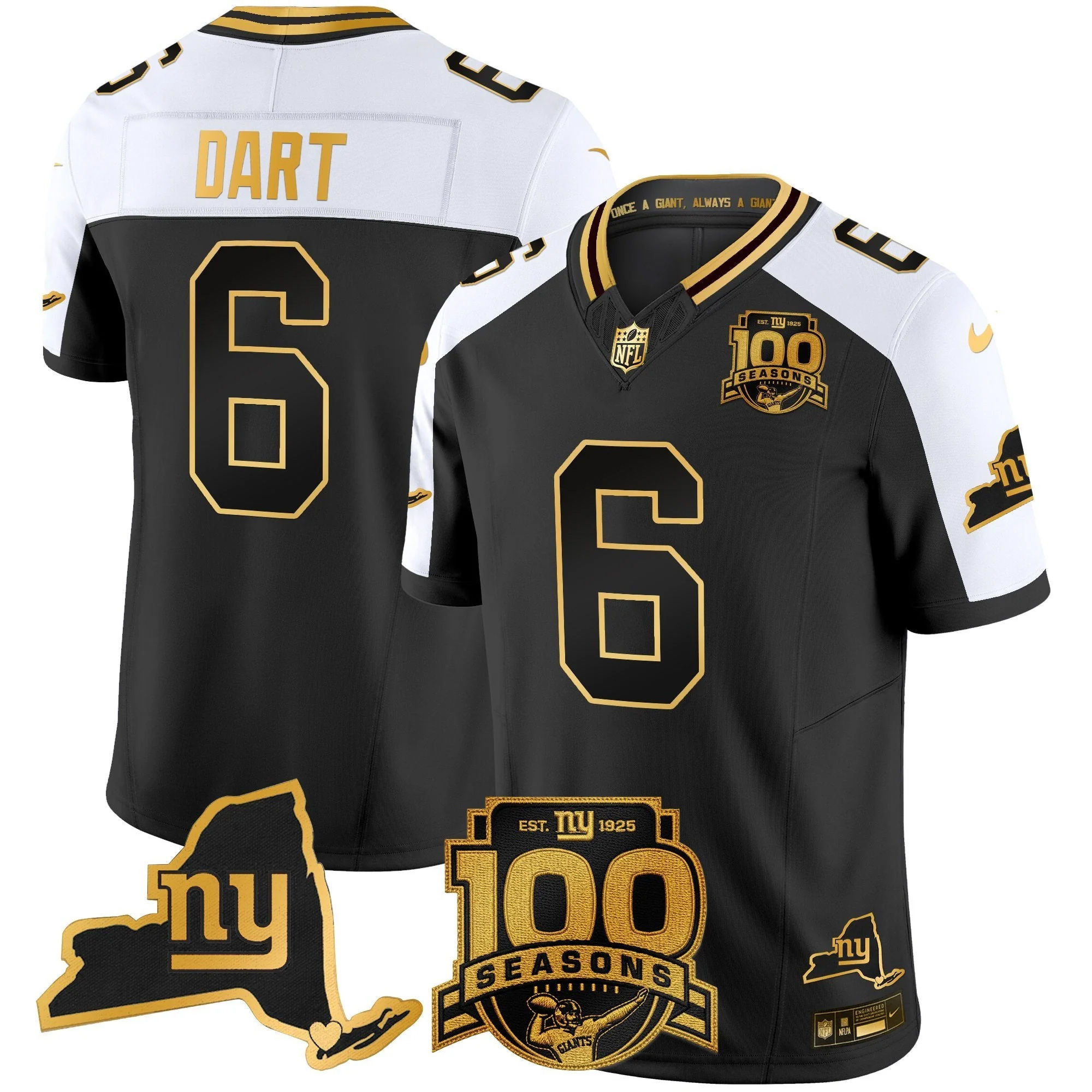 Jaxson Dart New York Giants Alternate Black Gold 100th Season Anniversary Jersey - All Stitched