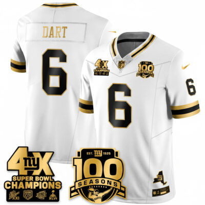 Jaxson Dart New York Giants 4x Champions White Gold 100th Season Anniversary Jersey - All Stitched