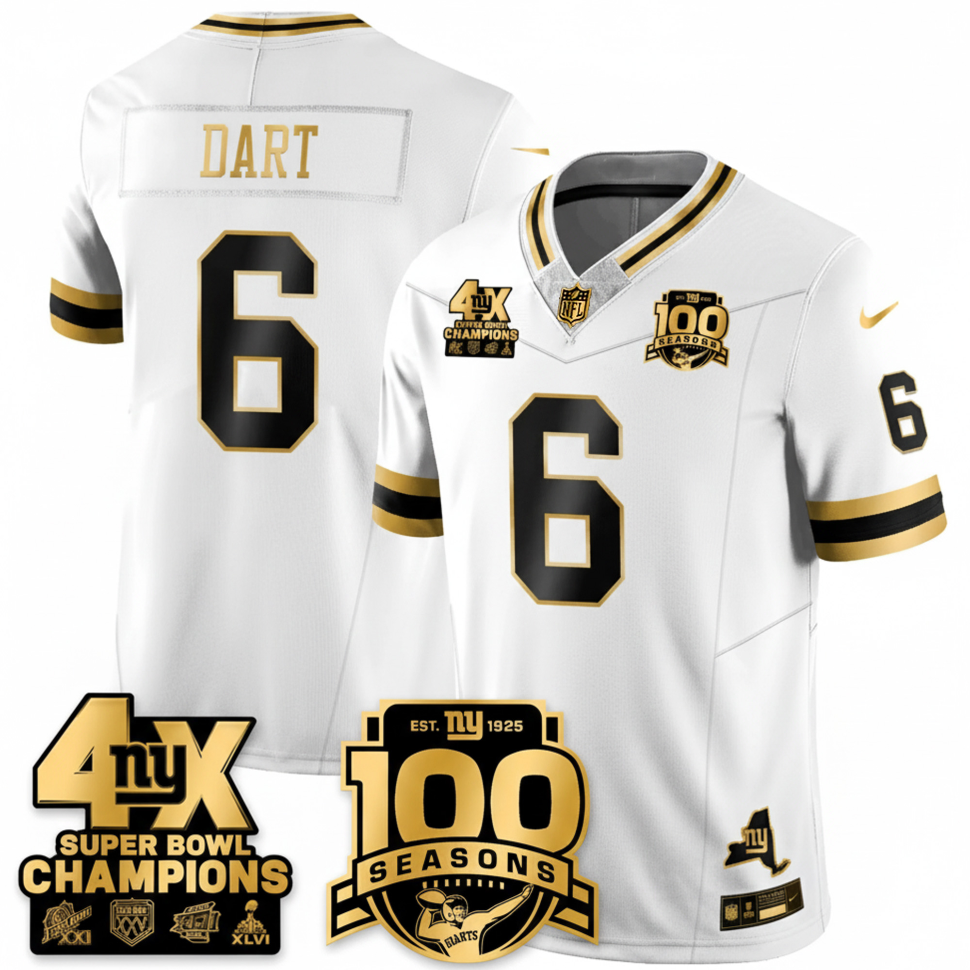 Jaxson Dart New York Giants 4x Champions White Gold 100th Season Anniversary Jersey - All Stitched