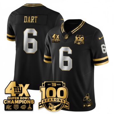 Jaxson Dart New York Giants 4x Champions Black Gold Limited 100th Season Anniversary Jersey - All Stitched