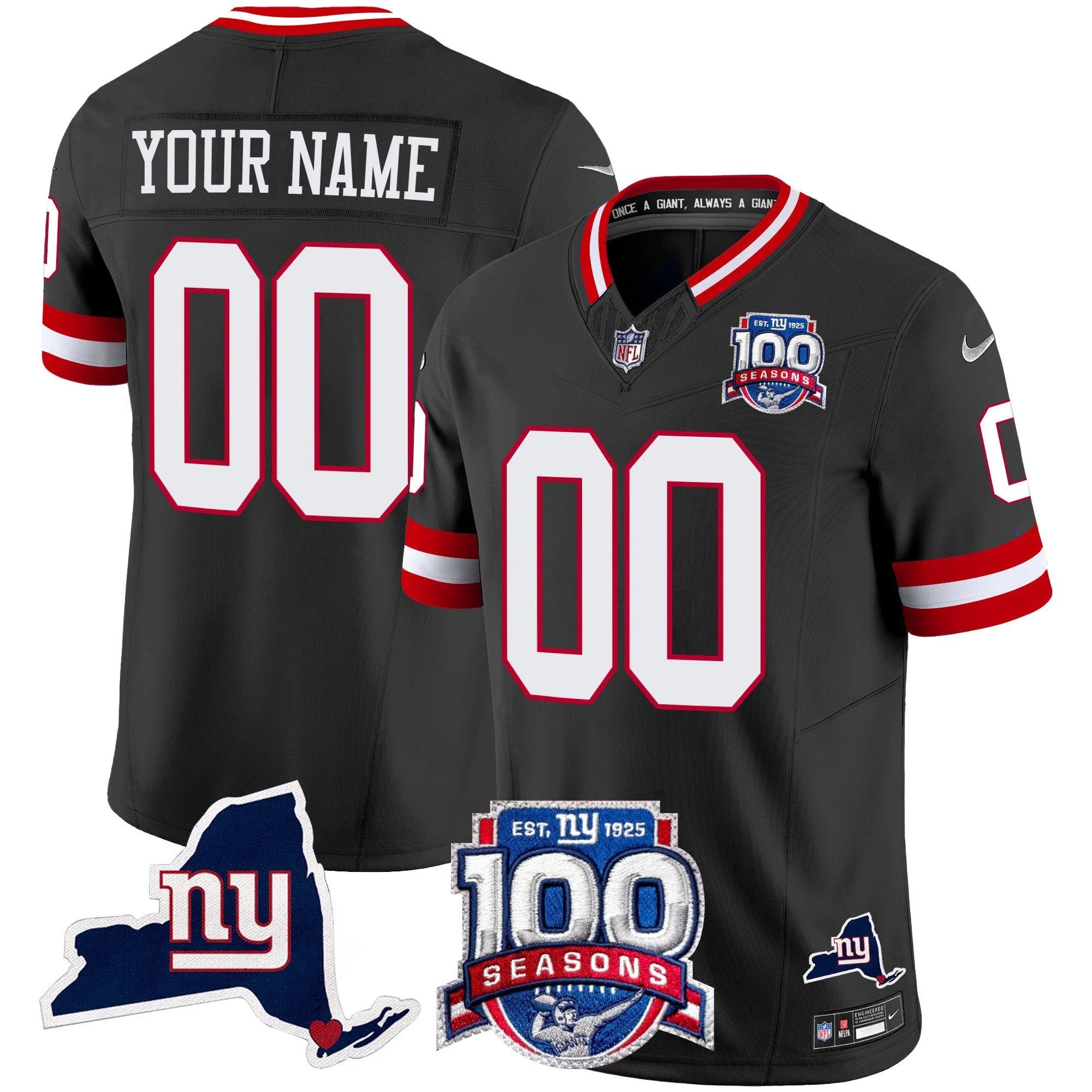 Custom New York Giants Black 100th Season Anniversary Jersey - All Stitched