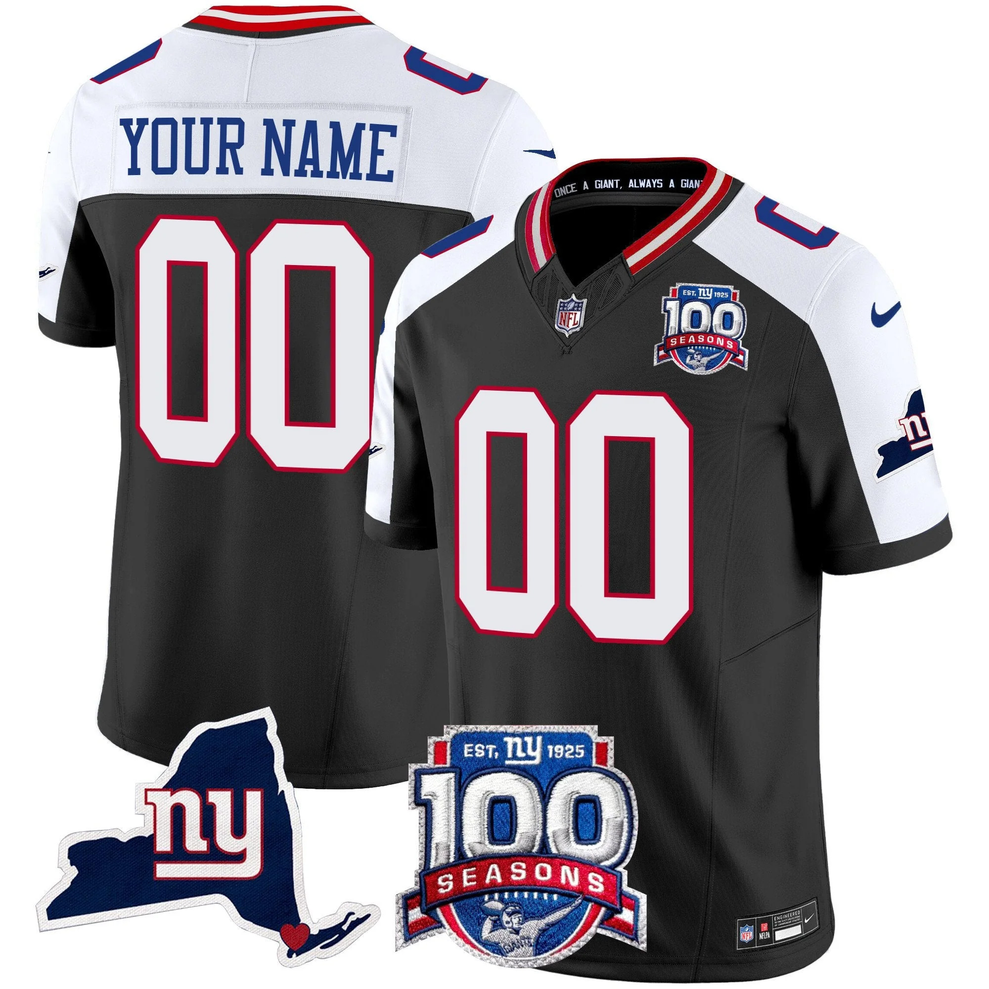 Custom New York Giants Black Alternate 100th Season Anniversary Jersey - All Stitched