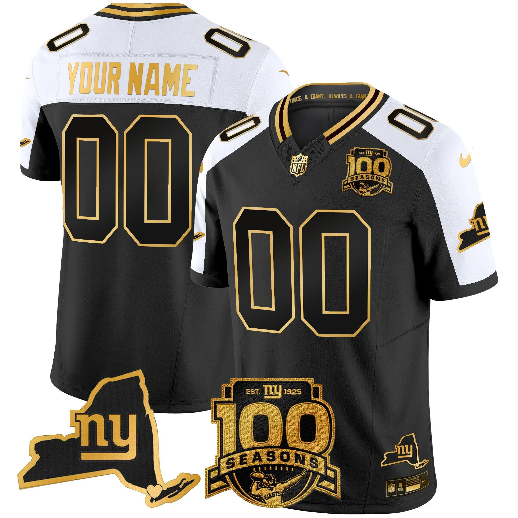Custom New York Giants Alternate Black Gold 100th Season Anniversary Jersey - All Stitched