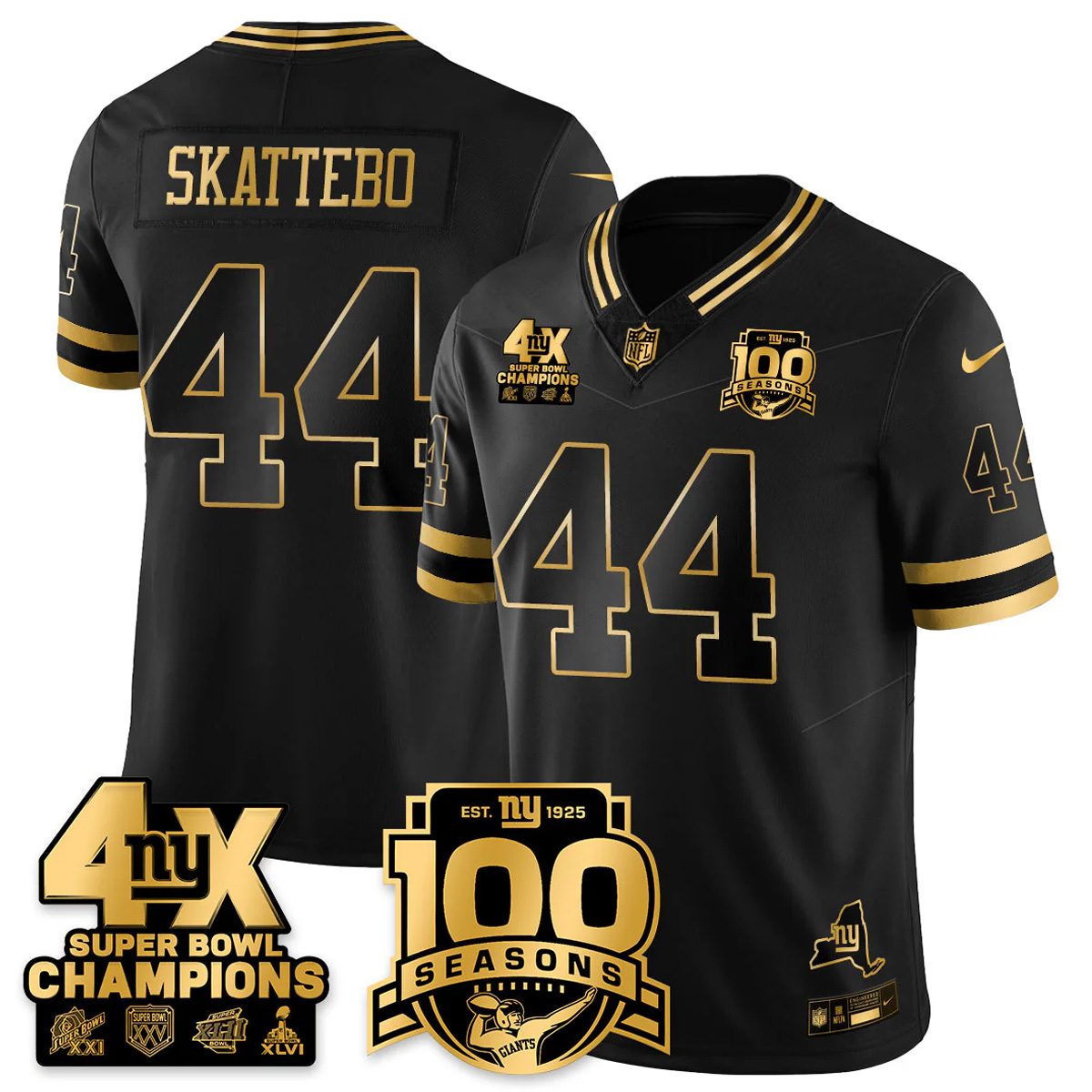 Cam Skattebo New York Giants 4x Champions Black Gold 100th Season Anniversary Jersey - All Stitched