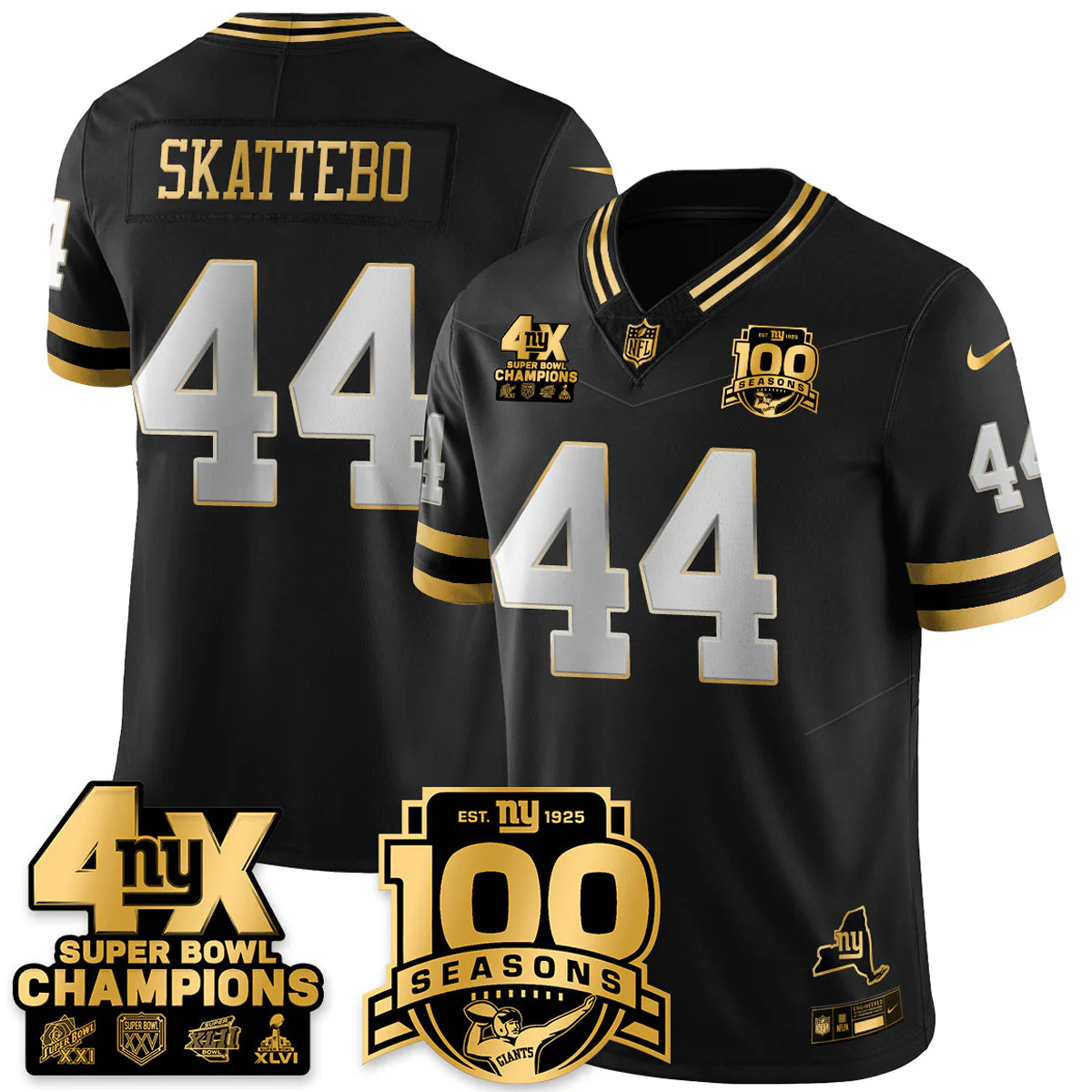 Cam Skattebo New York Giants 4x Champions Black Gold Limited 100th Season Anniversary Jersey - All Stitched