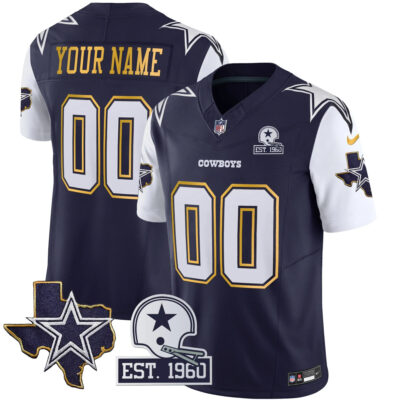 Custom Dallas Cowboys Texas Patch Navy Gold Trim Limited Jersey - All Stitched