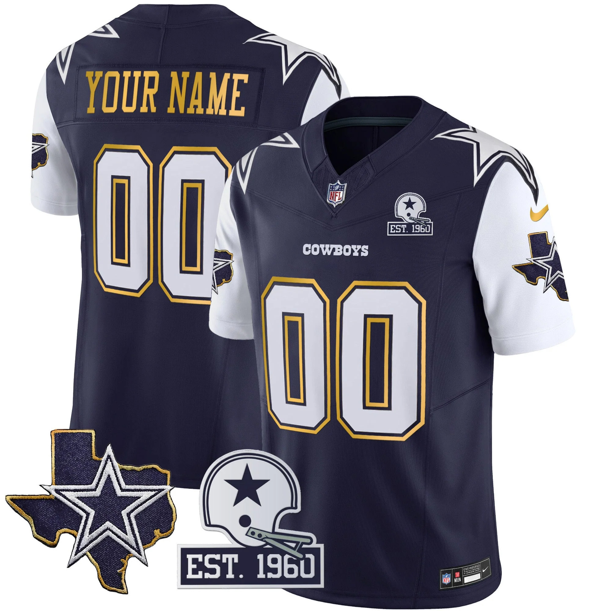 Custom Dallas Cowboys Texas Patch Navy Gold Trim Limited Jersey - All Stitched