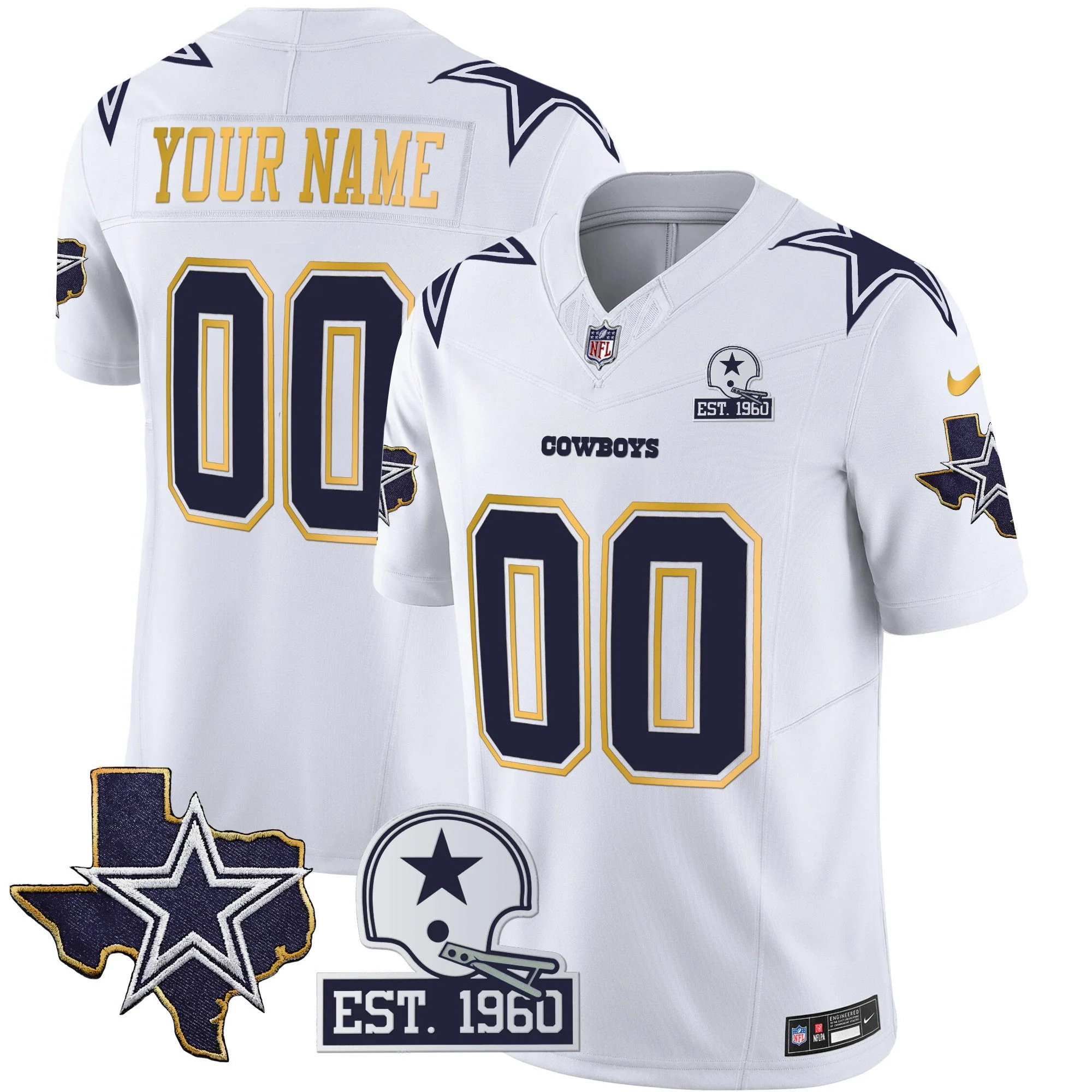 Custom Dallas Cowboys Texas Patch White Gold Trim Limited Jersey - All Stitched