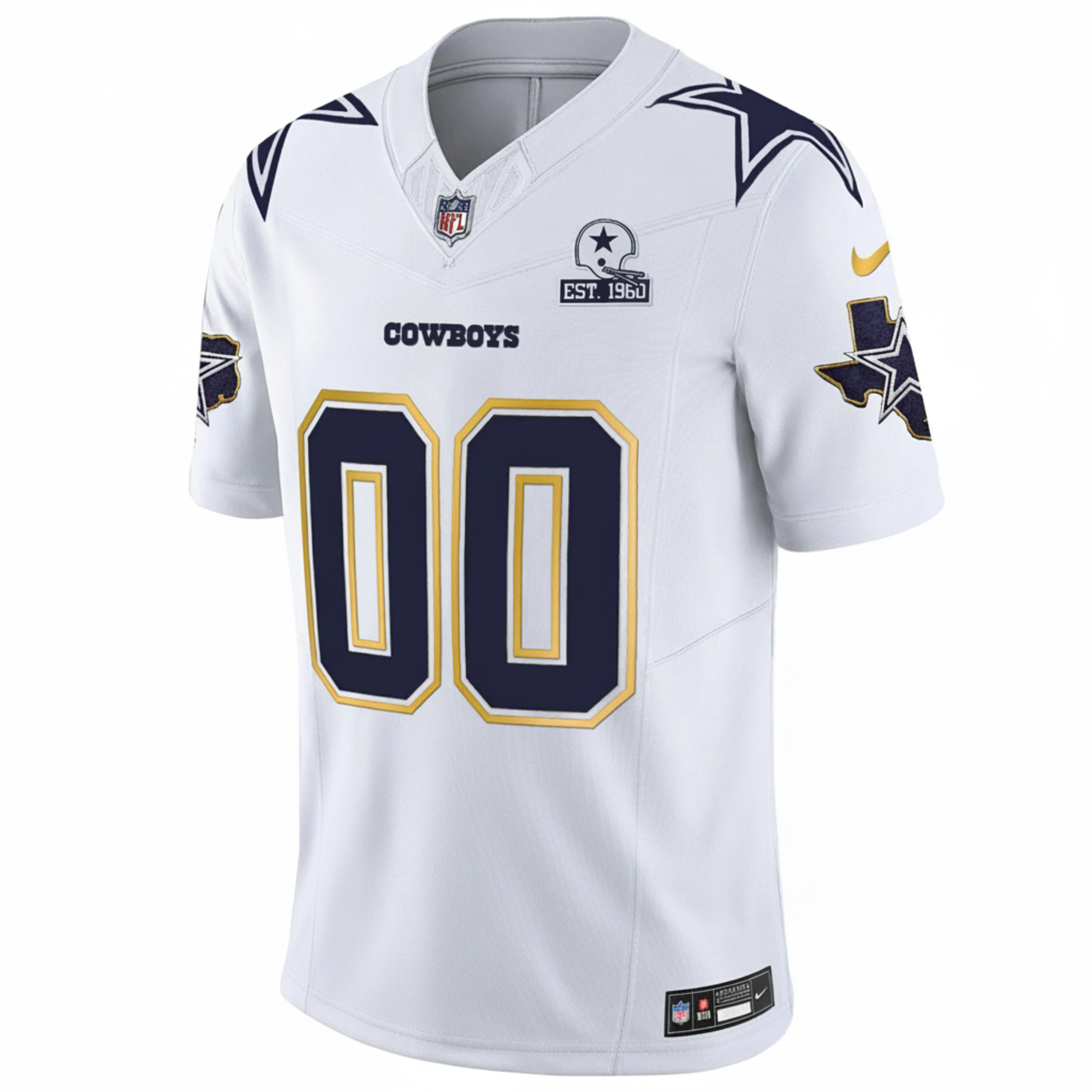 Custom Dallas Cowboys Texas Patch White Gold Trim Limited Jersey - All Stitched - Image 2