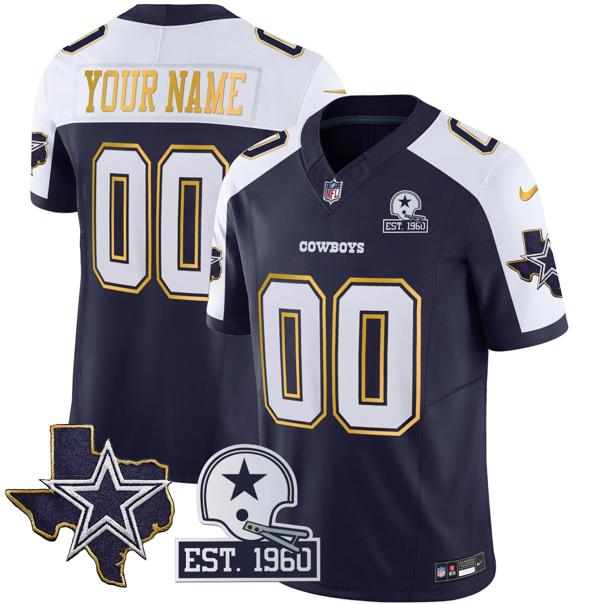 Custom Dallas Cowboys Texas Patch Navy Alternate Gold Trim Limited Jersey - All Stitched