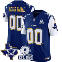 Custom Dallas Cowboys Texas Patch Royal Blue Gold Trim Limited Jersey - All Stitched