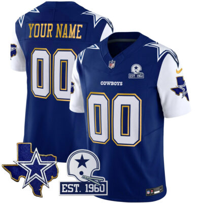 Custom Dallas Cowboys Texas Patch Royal Blue Gold Trim Limited Jersey - All Stitched