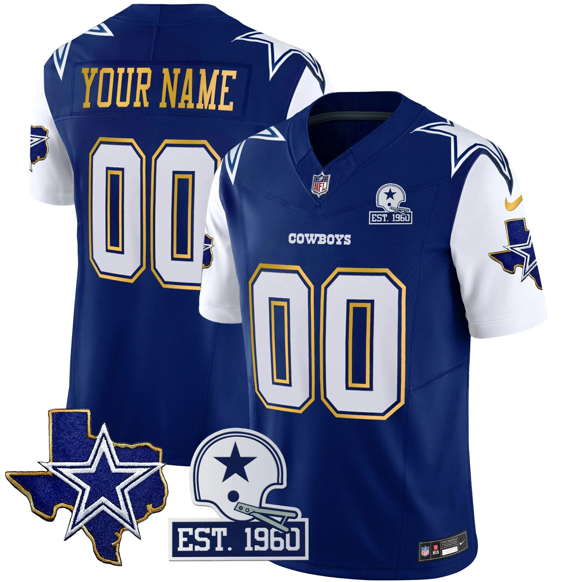 Custom Dallas Cowboys Texas Patch Royal Blue Gold Trim Limited Jersey - All Stitched