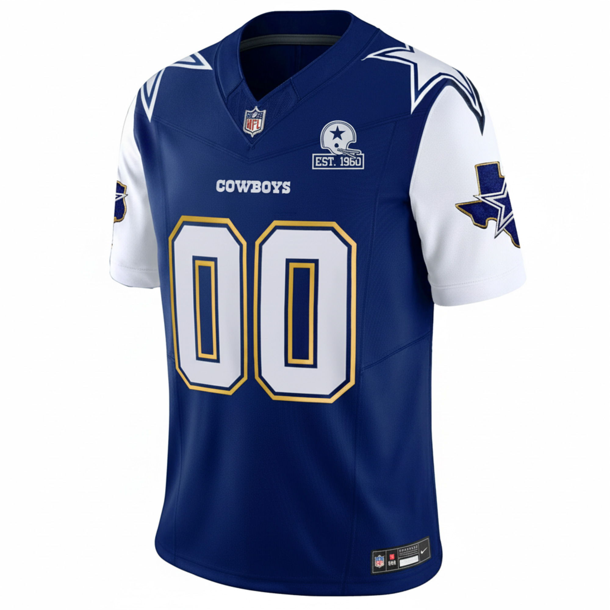 Custom Dallas Cowboys Texas Patch Royal Blue Gold Trim Limited Jersey - All Stitched - Image 2