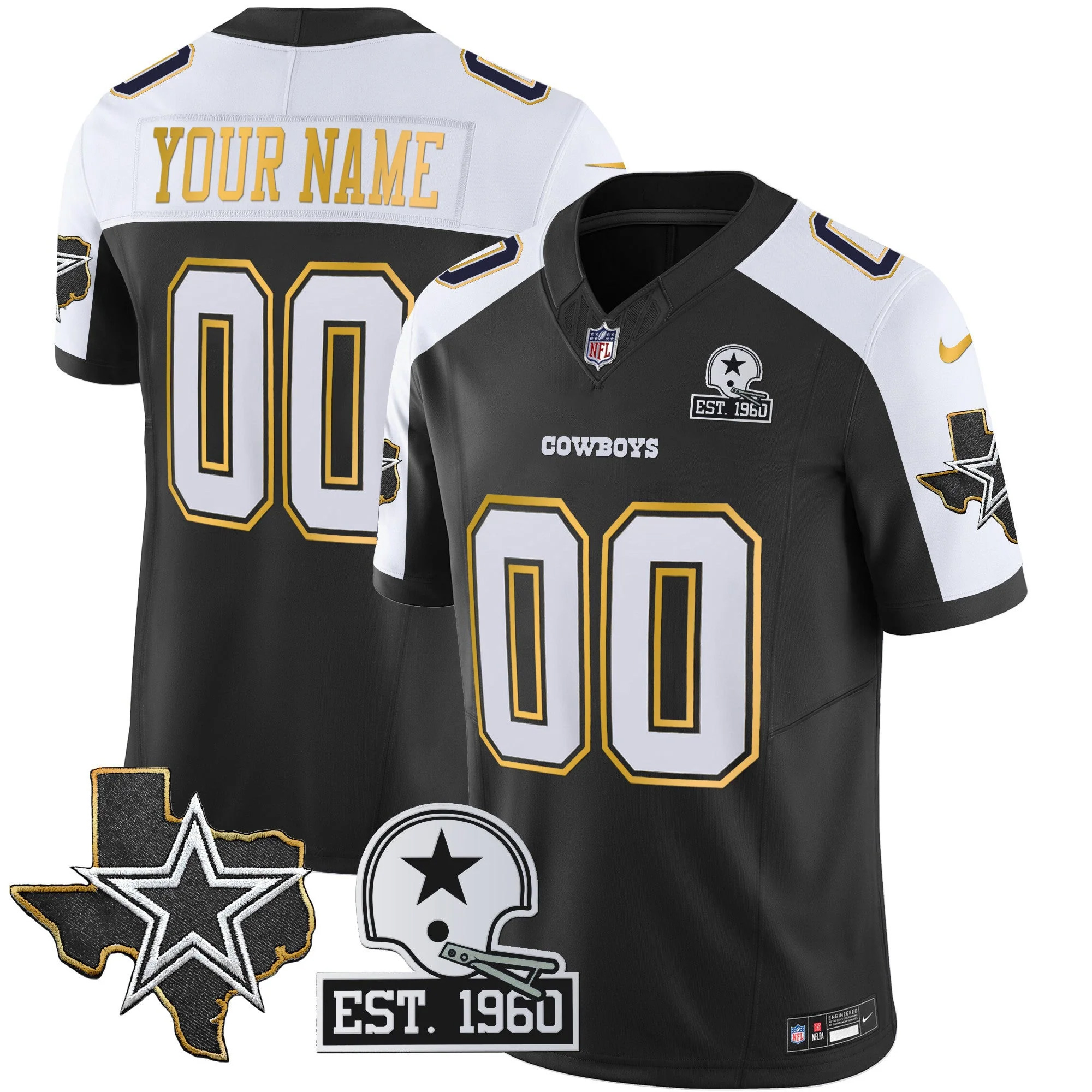 Custom Dallas Cowboys Texas Patch Black Gold Trim Limited Jersey - All Stitched