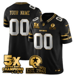 Custom Dallas Cowboys 5x Champions Black Gold Jersey - All Stitched