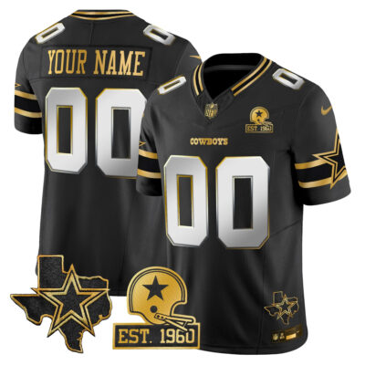 Custom Dallas Cowboys Est 1960 Texas Patch Black Gold Jersey - All Stitched