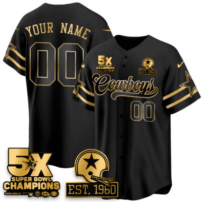 Custom Dallas Cowboys 5 Time Champions Black Gold Baseball Jersey - All Stitched