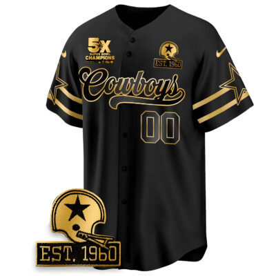 Alternative view of Custom Dallas Cowboys 5 Time Champions Black Gold Baseball Jersey - All Stitched