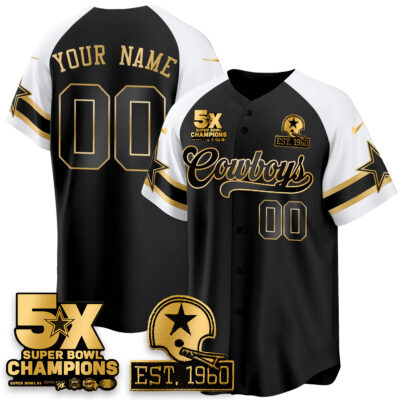 Custom Dallas Cowboys 5 Time Champions Black Gold Alternate Baseball Jersey - All Stitched