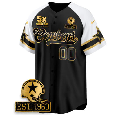 Alternative view of Custom Dallas Cowboys 5 Time Champions Black Gold Alternate Baseball Jersey - All Stitched