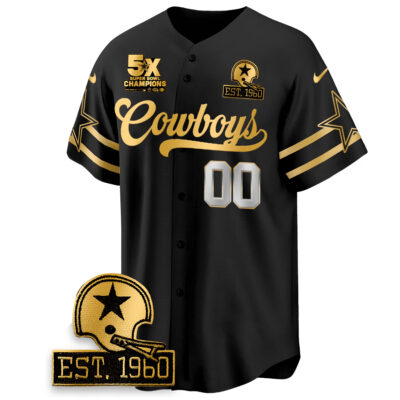 Alternative view of Custom Dallas Cowboys 5 Time Champions Black Gold Limited Baseball Jersey - All Stitched