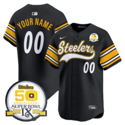 Custom Pittsburgh Steelers 50th Anniversary Super Bowl IX Black Baseball Jersey - All Stitched
